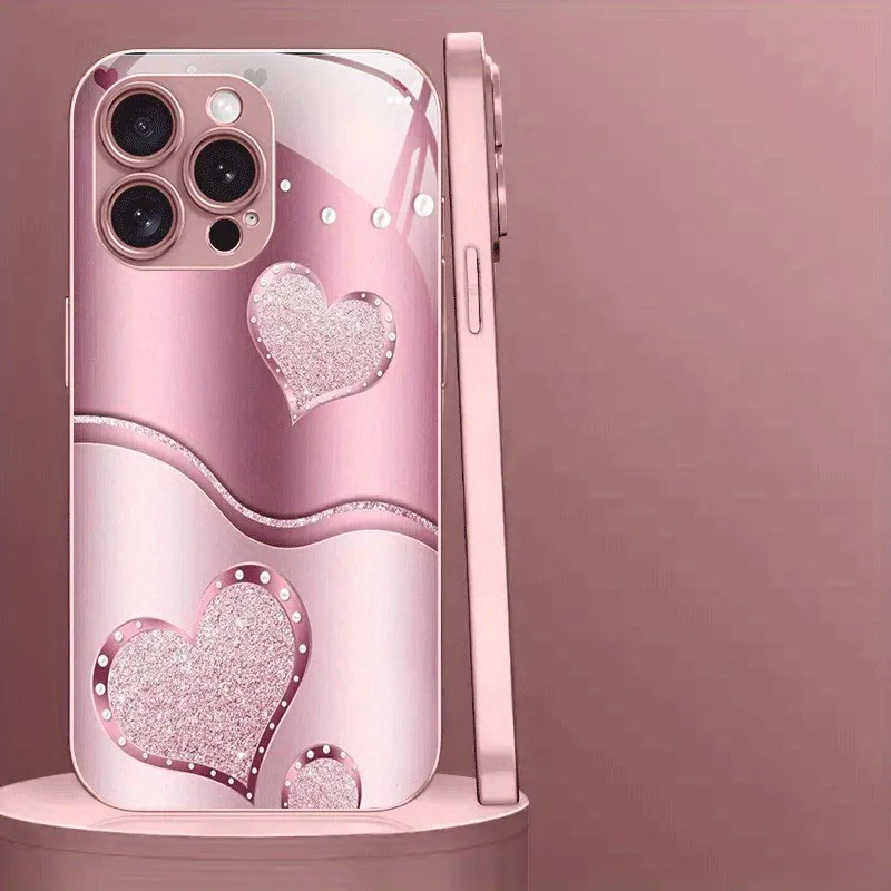 Adorable Love Heart Pattern Tempered Glass Phone Case
