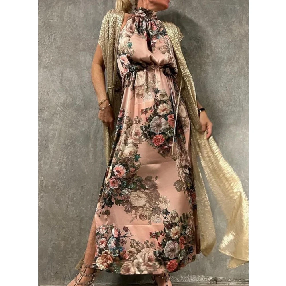 

Wepbel Floral Dress Women's Streetwear Printed High Waist Slim Fits Lace-up Sleeveless Dress Fashion O-neck Summer Casual Dress