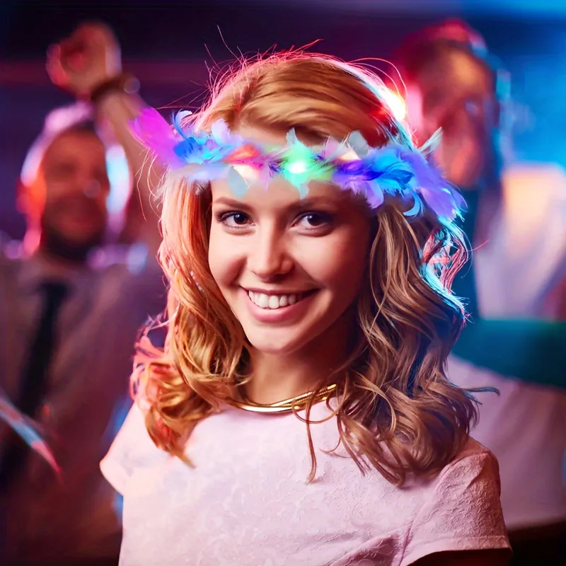 LED Feather Wreath Crown Headband Light Up Luminous Headdress 10pcs Parties Festivals