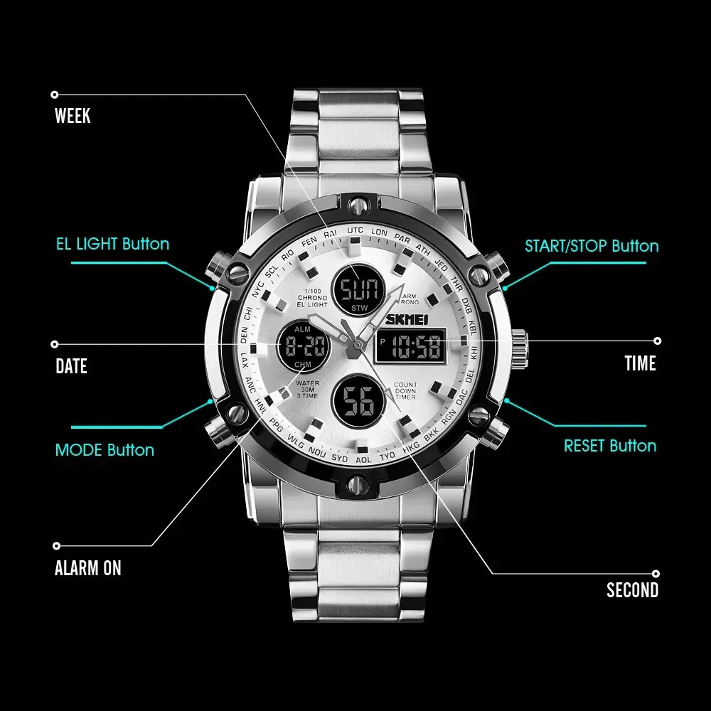 Skmei 3 Time Back Light Display Digital Watches Mens Full Steel Strap Quartz Wristwatch Countdown Clock Relogio Masculino 4