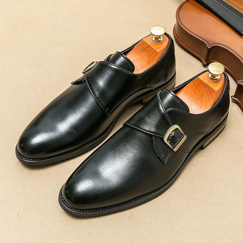 European Station Men  New Lefu Pointed Leather Shoes Side Buckle Casual Fashion Black Brown Sizes 38-46 Men  Shoes