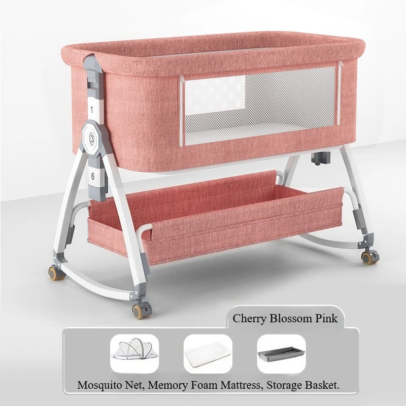 سرير أطفال محمول قابل للطي مع ناموسية ومرتبة إسفنجية الذاكرة وسلة تخزين سرير مقسم لحديثي الولادة
