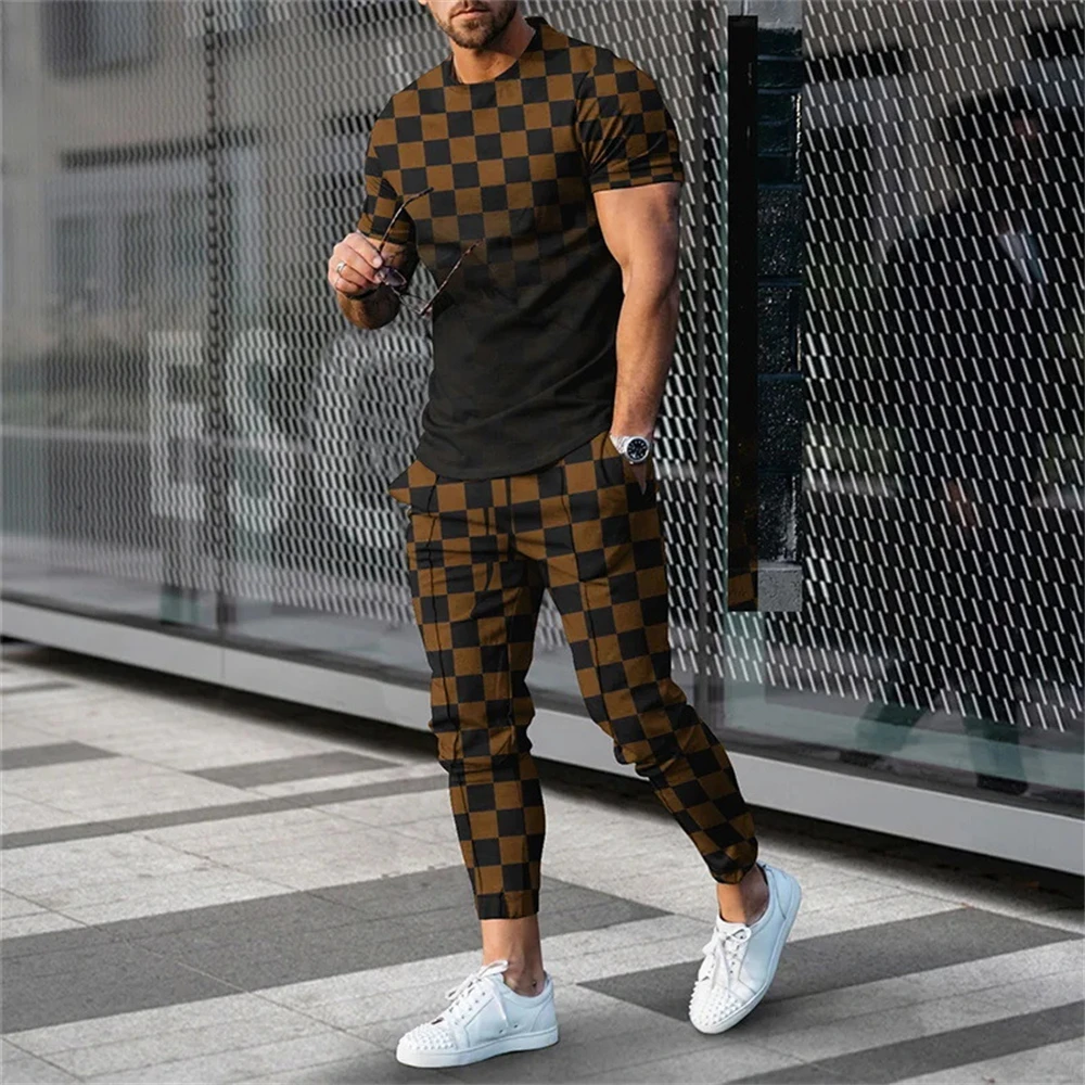 Summer Tracksuits Men's Suit Casual Trousers Set Print Stripe Short Sleeve T Shirt Round Neck Men Clothing 2 Piece Outfits 4