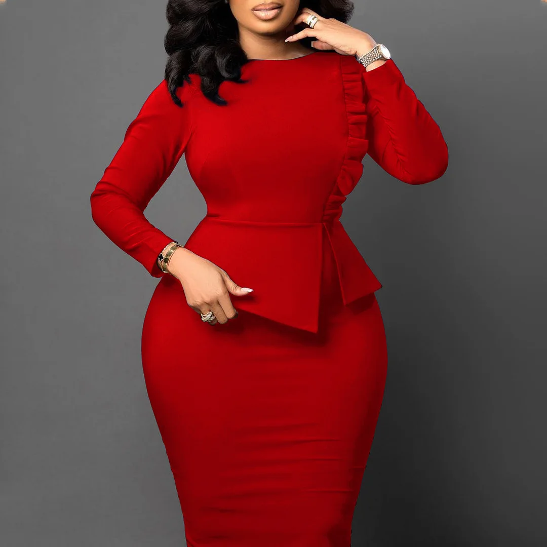 

Women's Autumn Winter Fashionable Round Neck Elegant Dress 2023High Waist Slim Fit Hip Skirt Long Sleeve Office Women Midi Dress