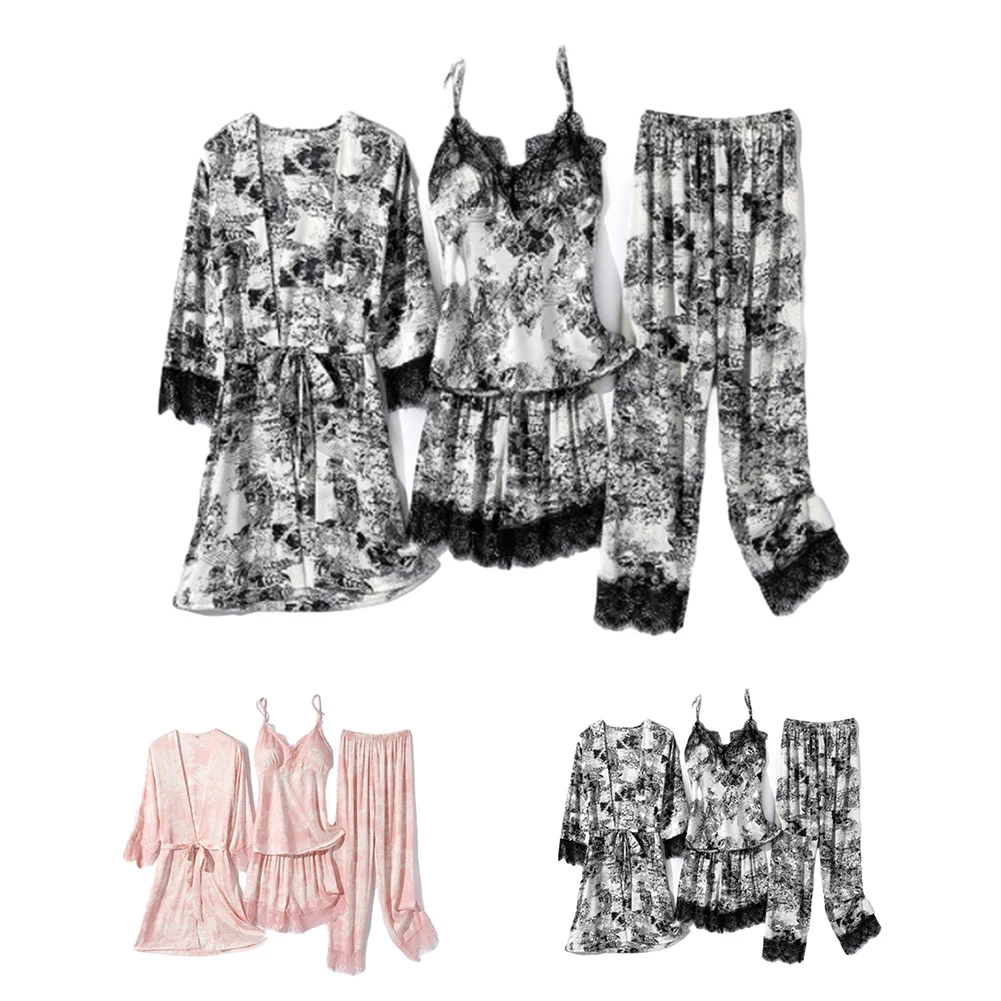 Women Pajamas 4 Pieces Sets Satin Silk Nightwear Strap Lace Pajama With Pyjama Set Loose Comfortable Underwear Thin Sleepwear