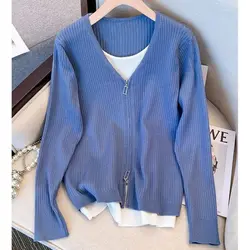 2023 New Spring and Autumn Fashion Fake Two Piece V-neck Zipper Long Sleeve Patchwork Loose Relaxed Pullover Knitted Sweater