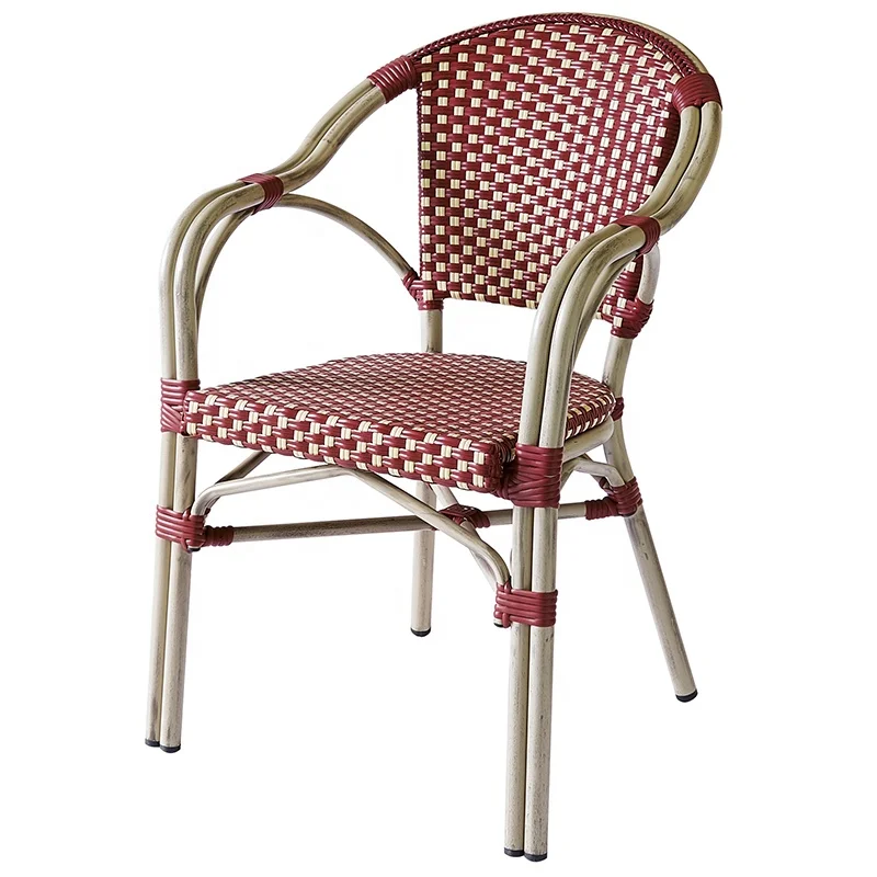 Stackable French Red Patio Cafe Wicker Dining Armchairs Furniture Outdoor Garden Aluminum Rattan Bistro Chairs
