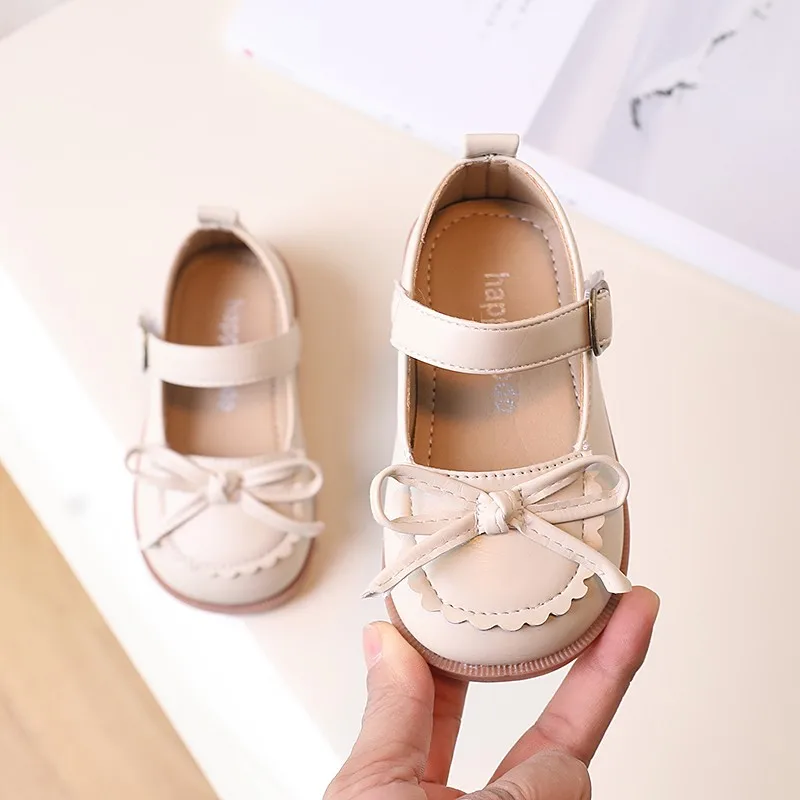 Toddler Kids Mary Janes Spring Pure Color Children Leather Shoe Round Toe Boeknot Ruffles 21-30 Chic Girl's Shoe leather shoes mary jane shoes girls shoes
