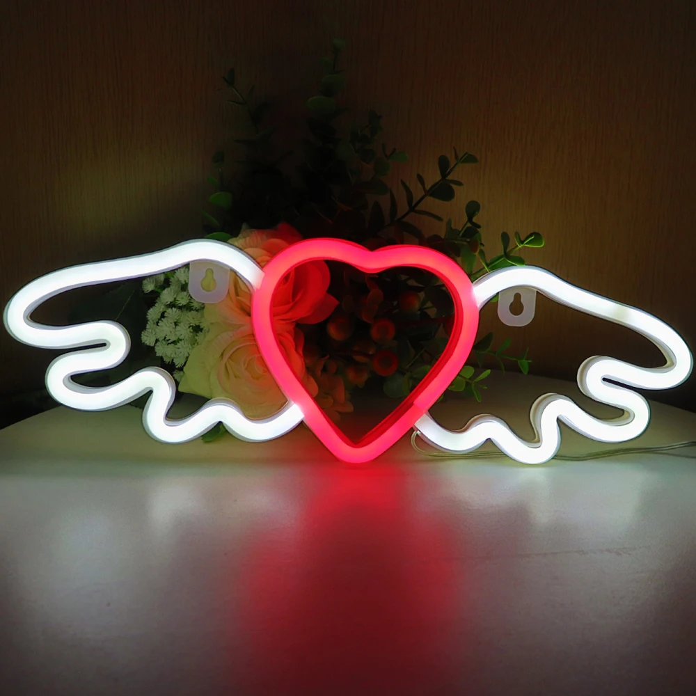 

5V Cheap Battery Or USB Powered Heart With Angle Wings LED Wall Neon Sign Light Gifts For Her Him Room Shop Decoration