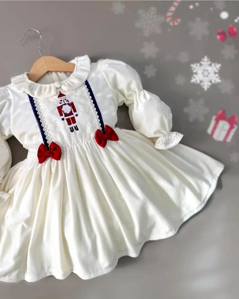 0-12Y طفلة الخريف الأبيض المخملية كسارة البندق التطريز التركية فستان الأميرة الإسبانية لعيد الميلاد حفلة C11