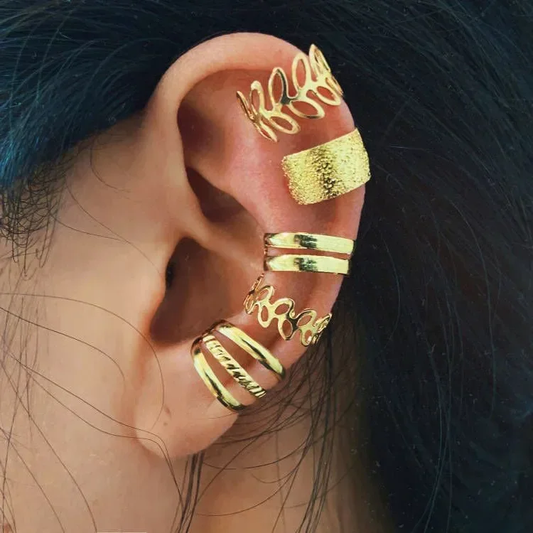 Clip Earrings Fashion Gold Silver Color Leaves Clip Earrings for Women Men Creative Simple C Ear Cuff Non-Piercing Ear Clip Set Trendy Jewelry