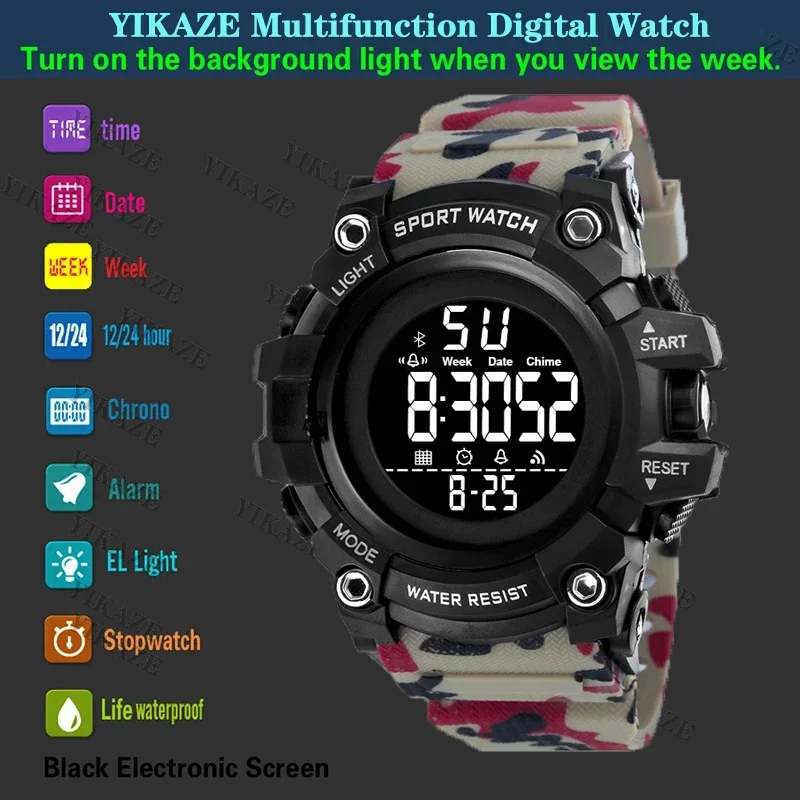 YIKAZE Military Sport Watches Waterproof Men's LED Digital Watch Big Dial Alarm Clock Multifunction Sport Watch for Man Kid Gift 4