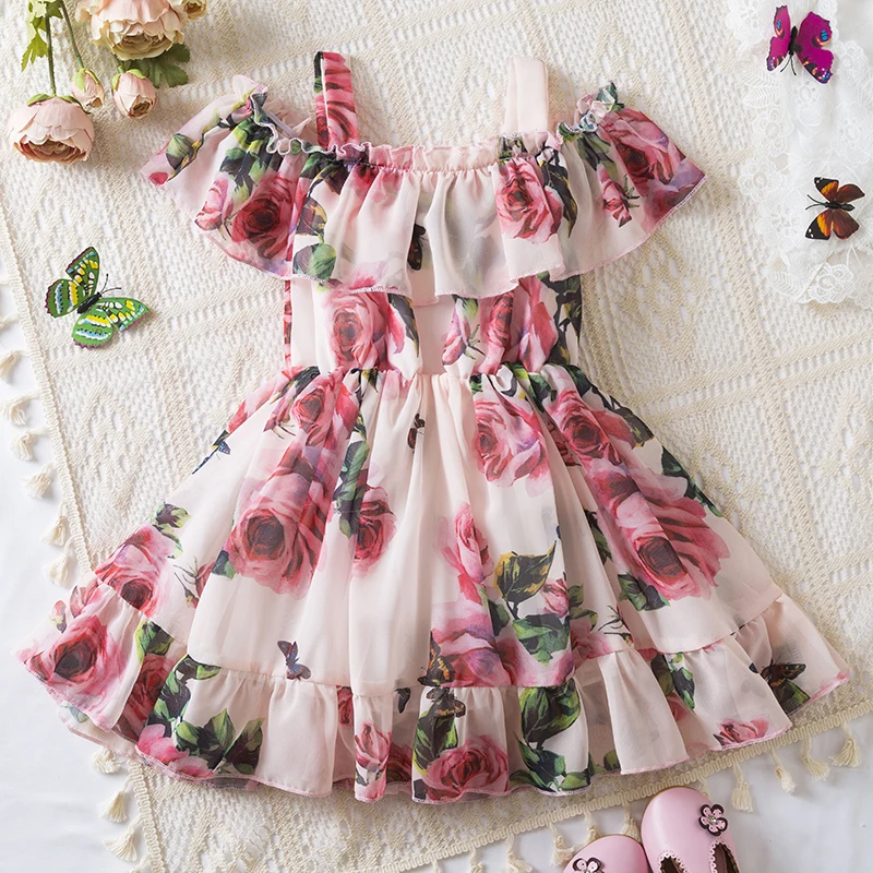 New Summer Girls' Sleeveless Dress Baby Print Flower Dress Elegant Kids Girls Holiday Casual Clothes Toddler Kids Party Dresses 6