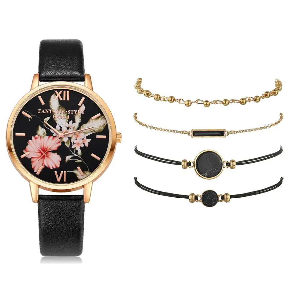 Lvpai 5pcs set Women Watches Bracelet Black Ladies Bracelet Watch Casual Leather Quartz Wristwatch Clock Relogio Feminino 