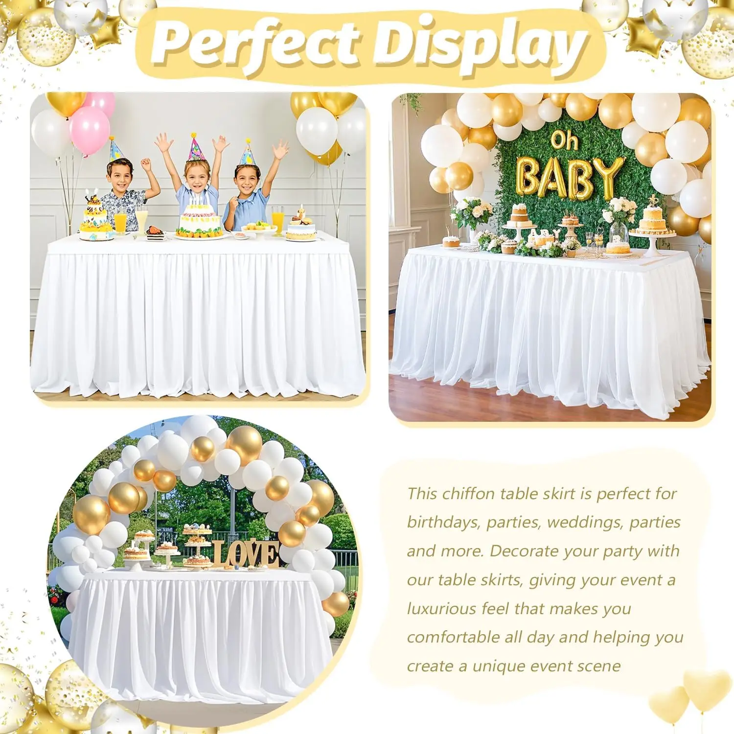 Chiffon Table Skirt White Table Skirts for Rectangle Tables Chiffon Sheer Ruffle TableCloth for Party Banquet Cake Decor