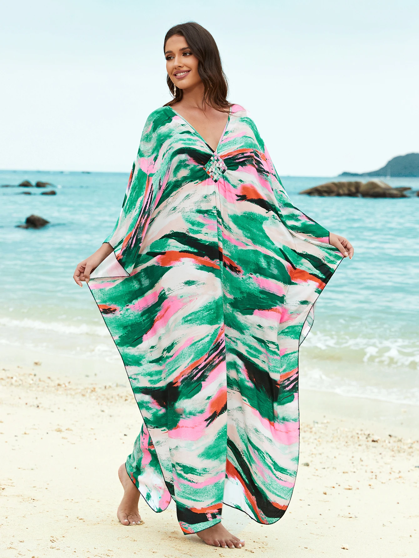 Edolynsa Caftan De Plage Grande Taille EDOLYNSA Femmes Bohème Imprimé  Caftan Robe Grande Taille Caftan
