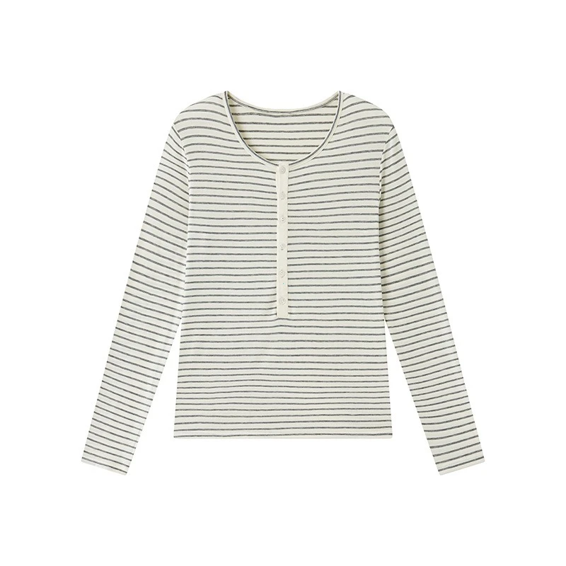 Silk Wool Basic Shirt for Women Autumn Winter Round Button Neck Slim Knitwear, Solid Color Striped Long Sleeve Top