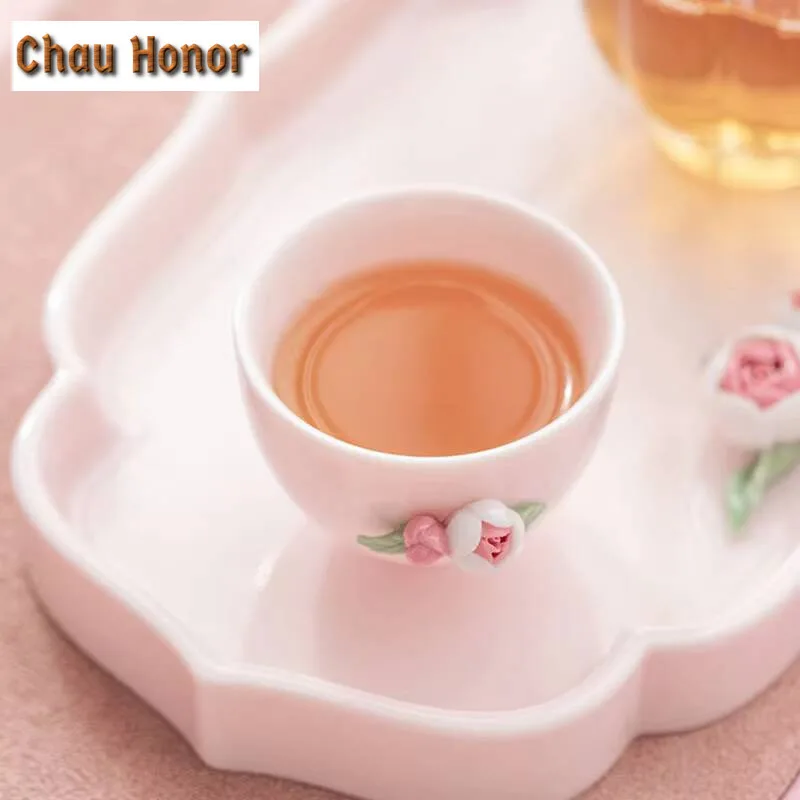 Creative Pink Flower Pinching Ceramic Small Tea Cup Handmade Household Chinese Kung Fu Teaset Tea Ceremony Accessories Drinkware