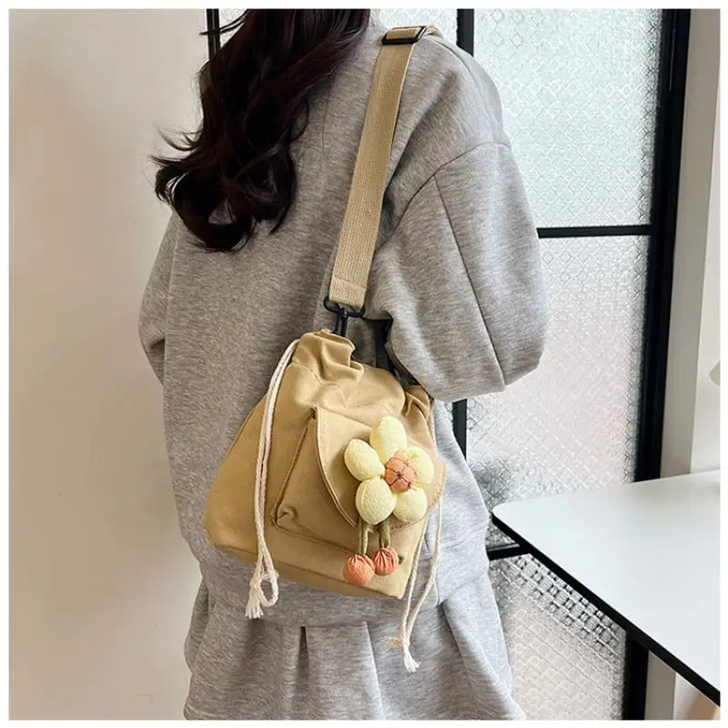 Bags for Women Trend 2024 Canvas Crossbody Bags Korean Phone Bag Fashion Drawstring Bucket Bag Girl Flower Cute Shoulder Bag New