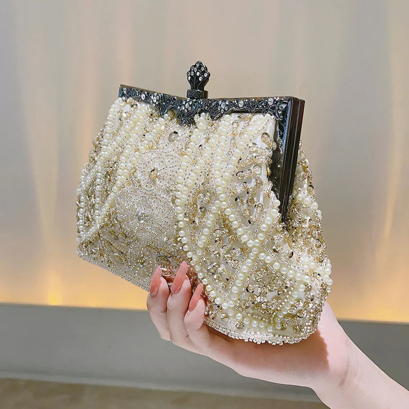 Women's Shoulder Party Bag, Clutch, Handmade Pearl, Women's Wedding Party, Banquet Handbag, Y2k Cross White Retro Style ,