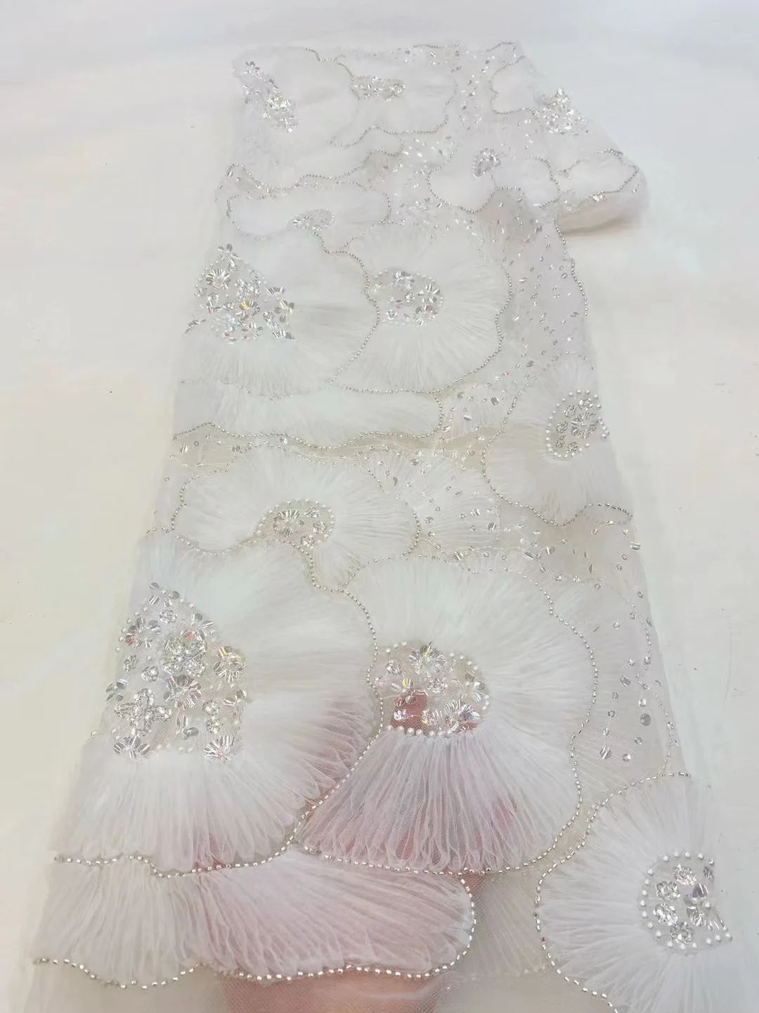 

5yards Embroidery Flower With Beadings Sequins Tulle Mesh Fabric Wedding Dress Gown Sewing Material