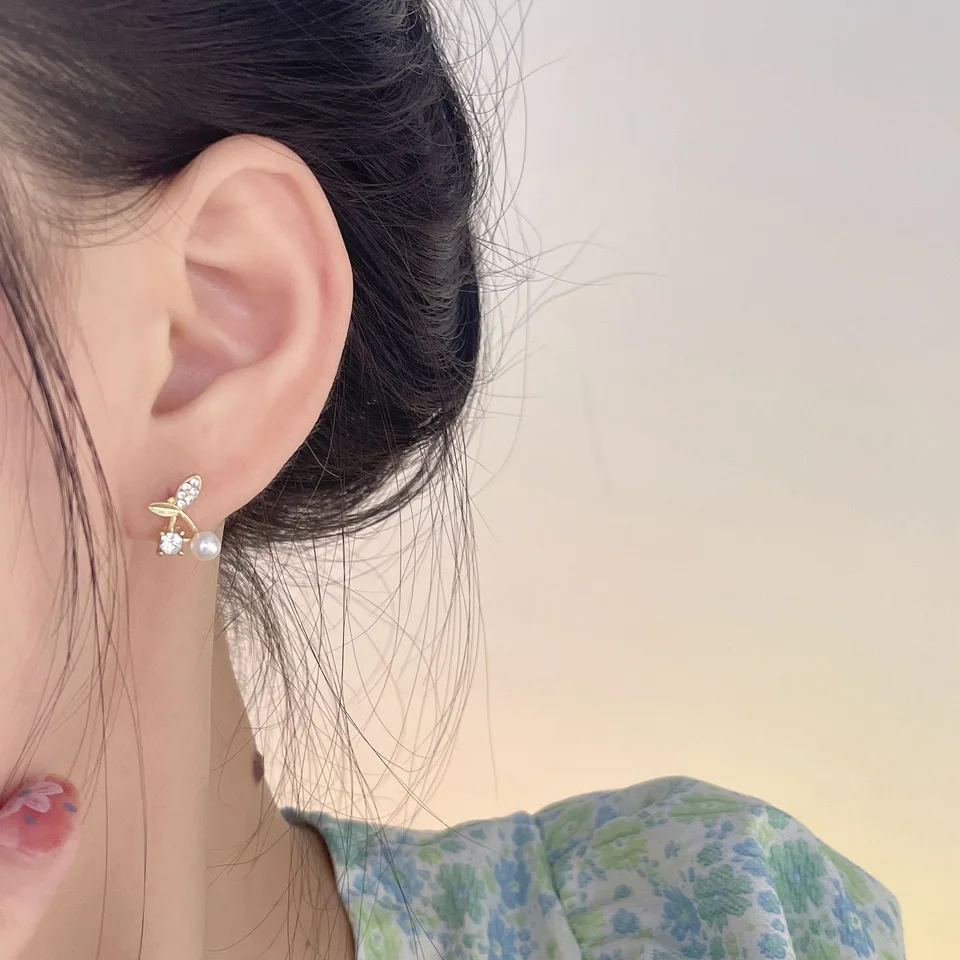Cherry Earrings No Hole Ear Clips Inlaid Rhinestone Clip Earring