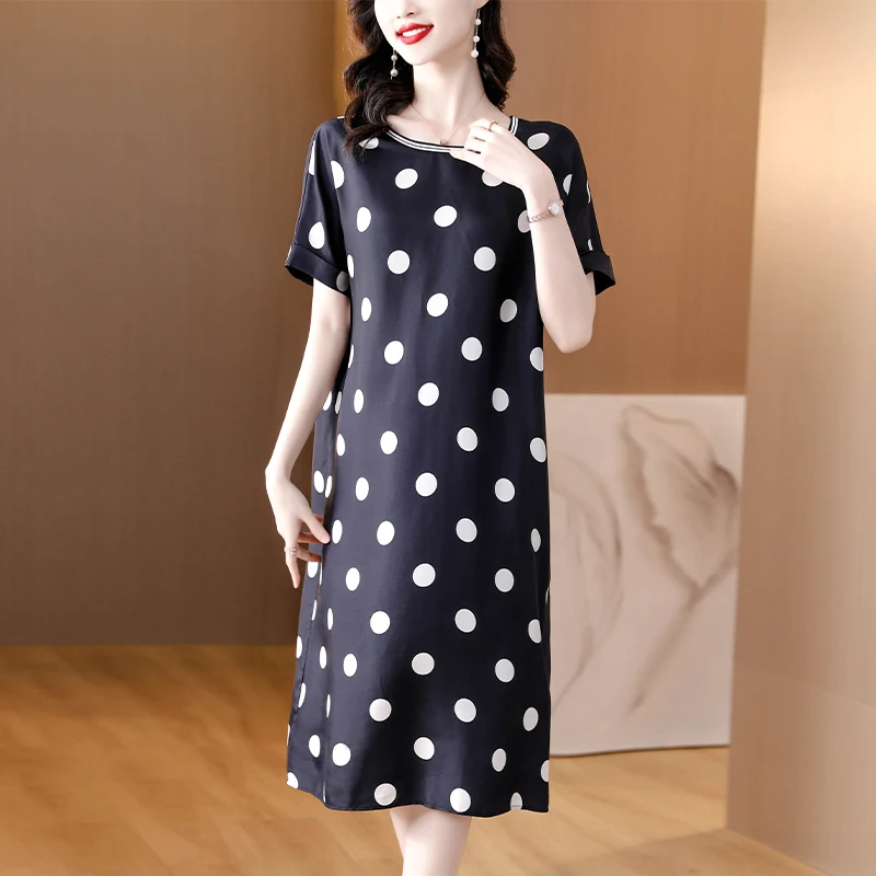 

2023 New Fashion Dot Print Dress Women's Summer Vintage Round Neck Short Sleeve Loose Fit Casual Holiday Dress Vestidos