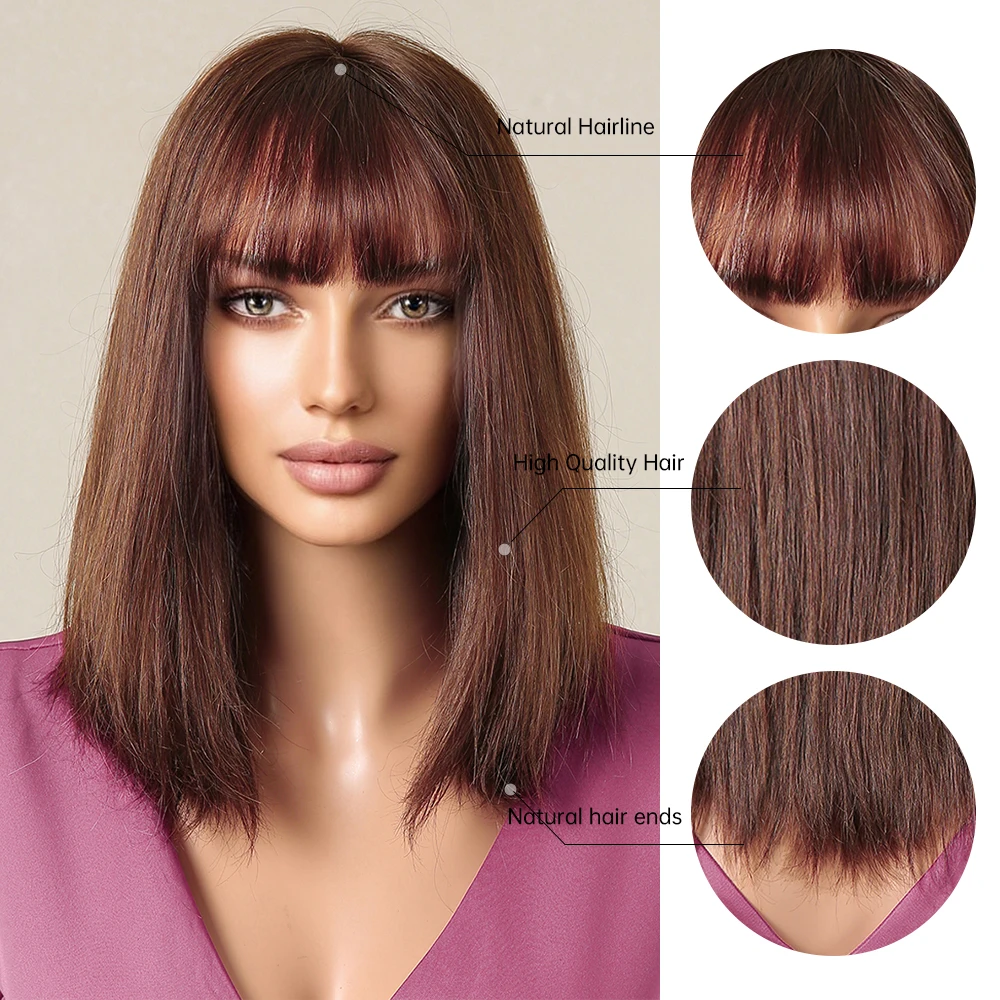 Brown Straight 100% Remy Human Hair Wig for Women Natural Short Wigs with Bangs 12inch Machine Made Human Hairs Heat Resistant