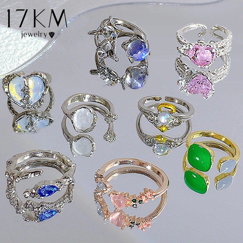  17KM Y2K Oil Drip Rings Set Kpop Geometric Crystal Rings Heart Angle Rings Accessories Moonstone Jewelry for Women Cute 2022 
