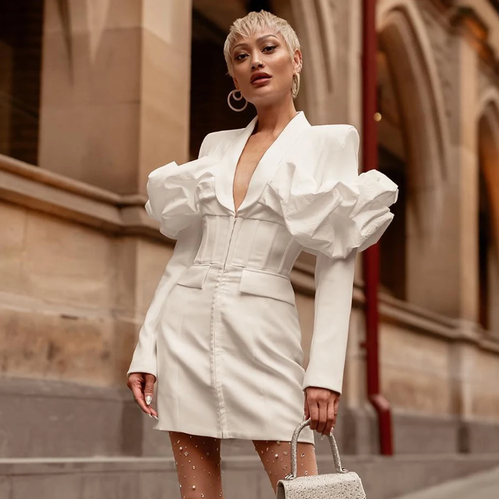 

2024 New Women's Sexy White V-neck Phalaenopsis Bubble Sleeves Ruffled Edge Waist Tie Mini Elegant Celebrity Party Fashion Dress
