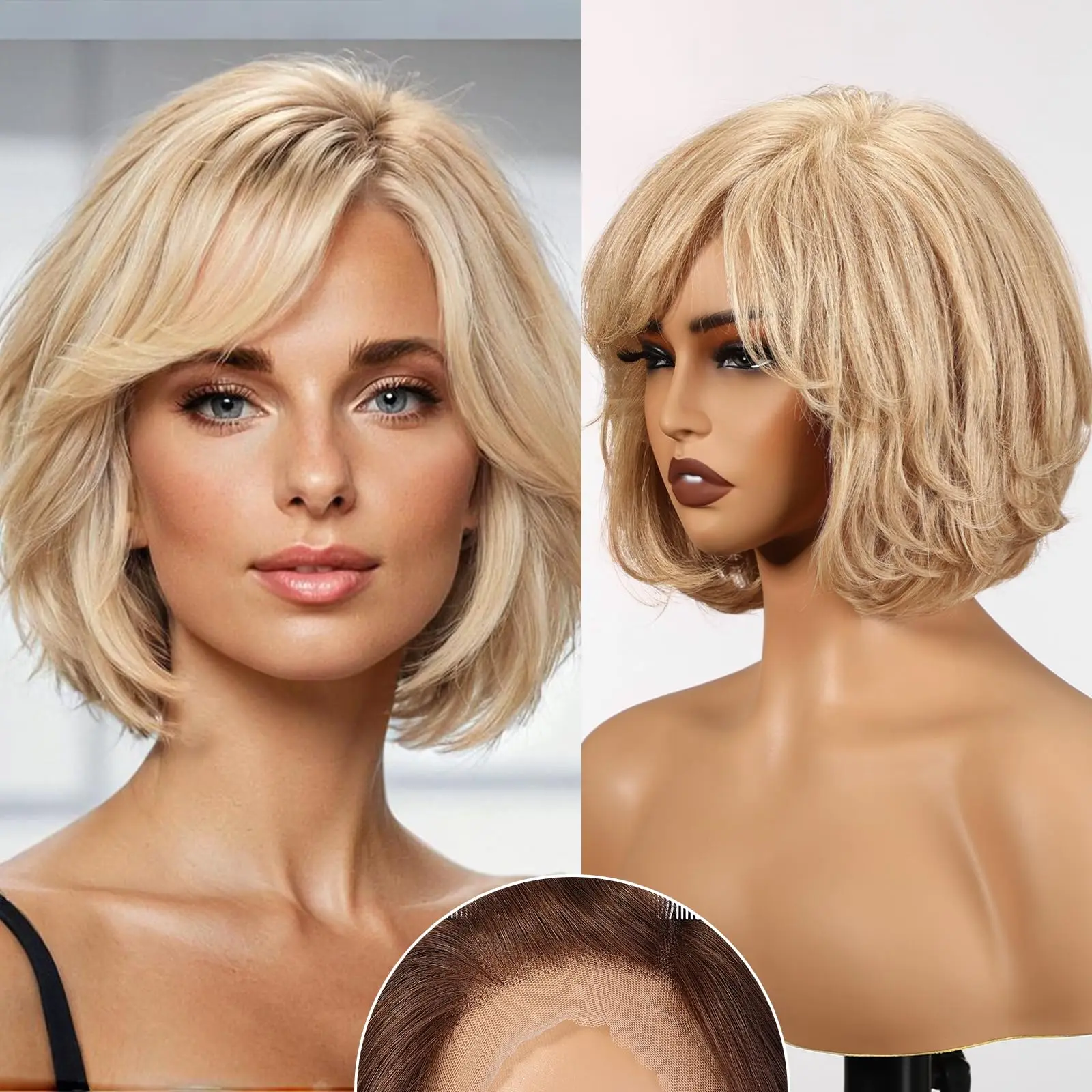 Blonde Remy Human Hair with Bangs Body Wave Short Bob Wigs Lace Frontal Wigs 12 Inches for White Women Daily Use