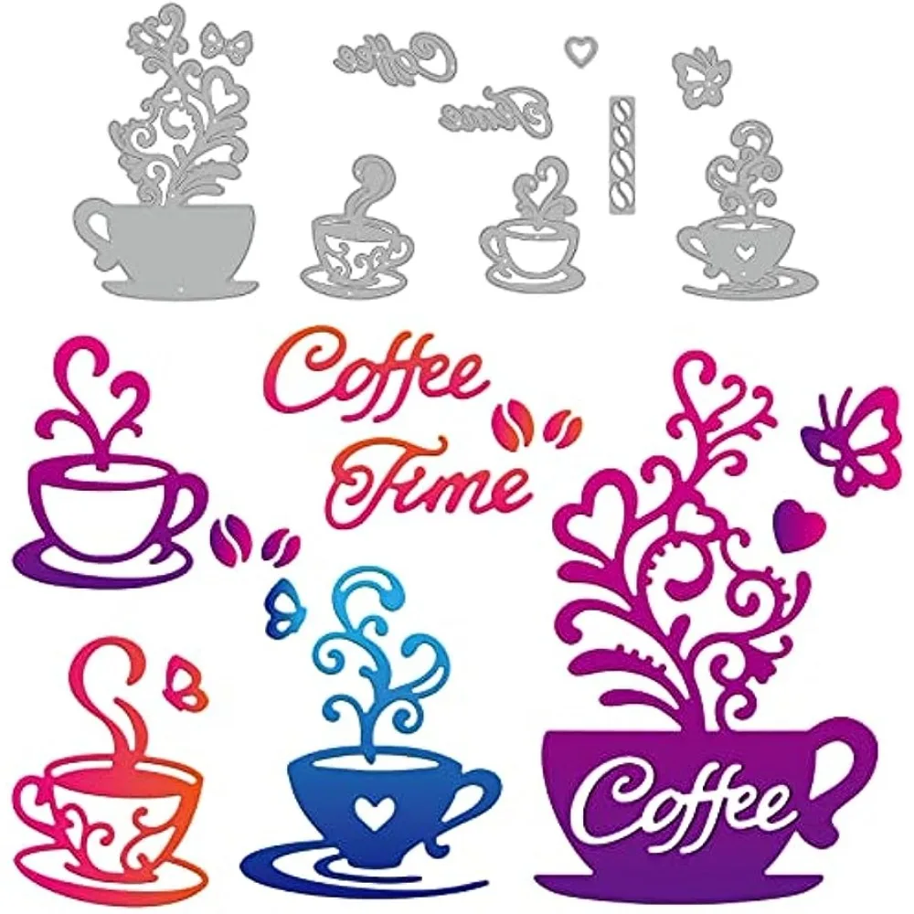 

Coffee Cups Cutting Dies Afternoon Tea Theme with Flower Totem Embossing Die Cuts Stencils for DIY Scrapbooking for Photo Album