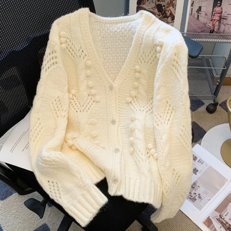 

Женский винтажный трикотажный кардиган, белый кашемировый ажурный свитер с V-образным вырезом и длинными рукавами, весна 2024