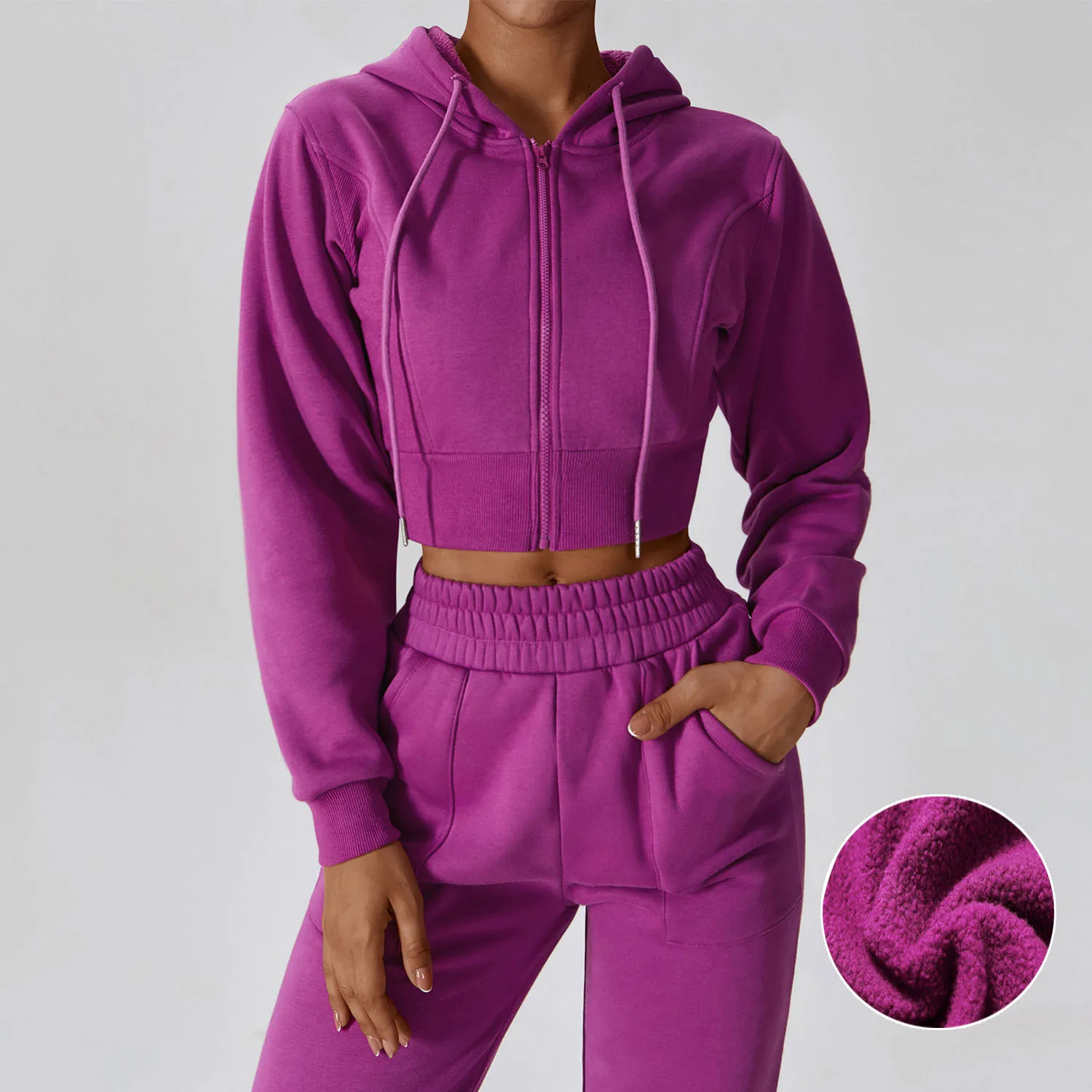 

Brand hooded fitness and sports sweater for women zippered plush insulation, casual and loose fitting long sleeved sweater