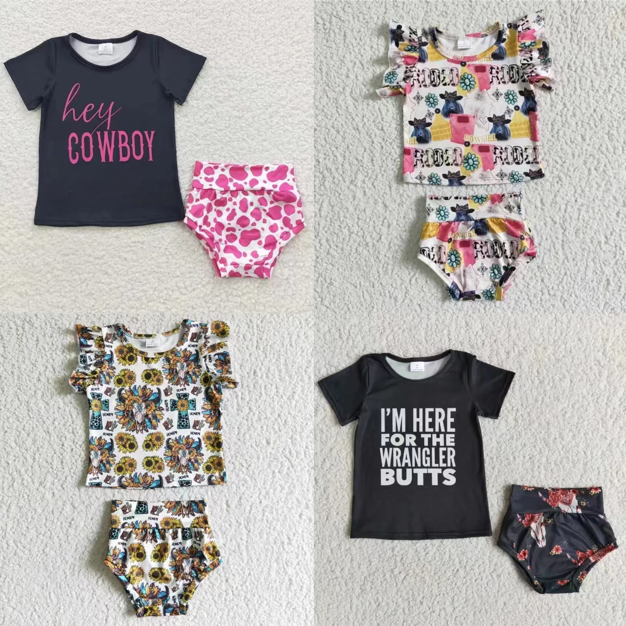 

Wholesale Flower Baby Girl Western Set Short Sleeves Cow Print Shirt Bummie Shorts Toddler Children Summer Newborn Flower Outfit