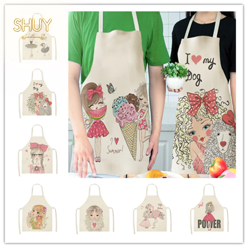 

Cartoon Girls' Print Aprons Fashion Little Girl Series Barber Casual Cooking Kitchen Stain Proof Linen Apron for Home Women Kid