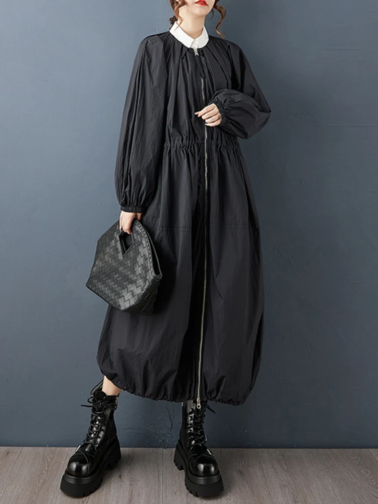 Blue Oversized Zipper Long Trench Coat For Women New Pleated Casual Loose Vintage Outerwear Cardigan Spring Autumn 2025