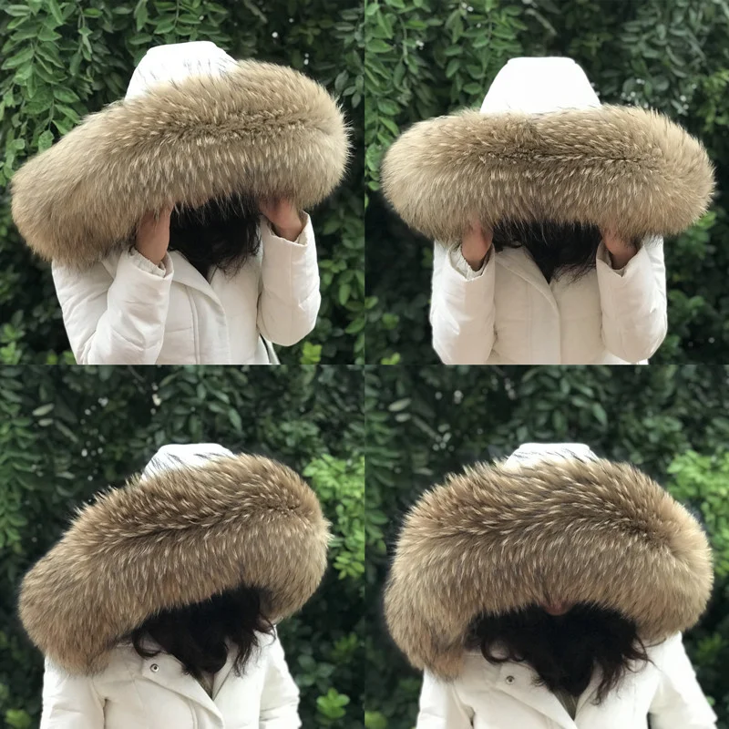 Winter Women Real Fur Collar Raccoon Fur Scarf Men Jackets Luxury Warm Furry Scarves High Quality Accessories Natural Fur Shawl