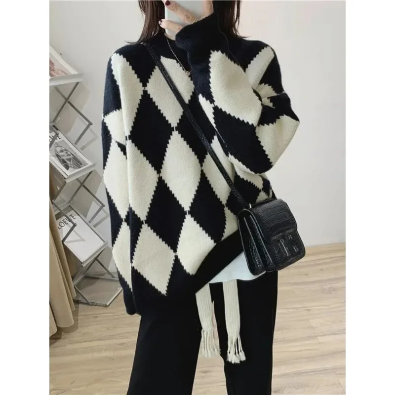 

Fashion Women's Sweater 2024 Autumn Winter Rhombic Lattice Knitwear Round Neck Long Sleeved Tops Contrast Loose Pullover N102