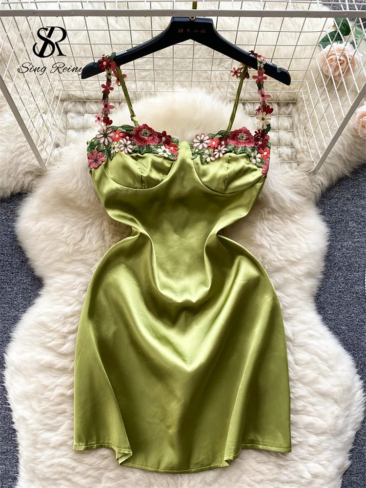 

SINGREINY-Mini Women's Embroidered Floral Satin Dress, Sleeveless Thin Sweater, Sexy Sweater, Zipper, Sexy Pajamas