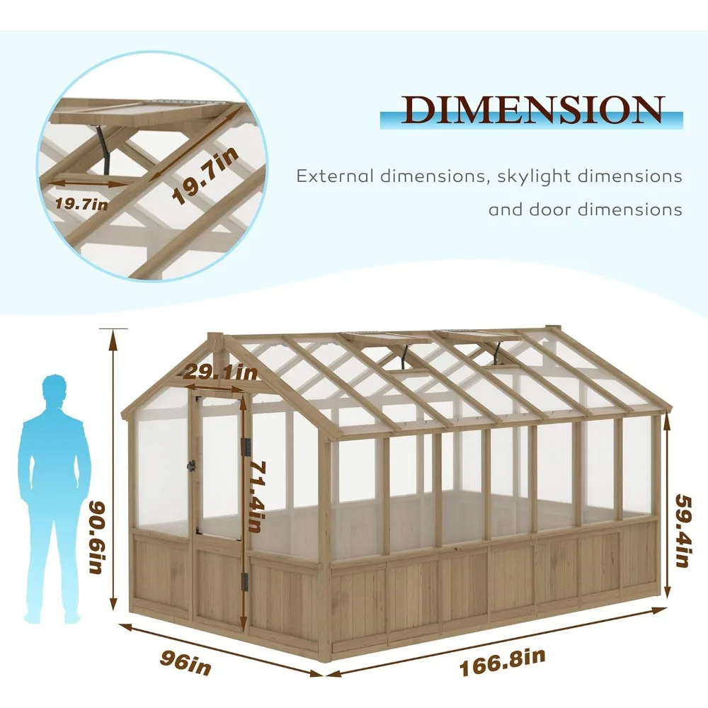8' x 14' Wooden Greenhouse for Outdoor, Heavy Duty Green House with Ventilated Window and Lockable Door, Walk-in Greenhouse 6
