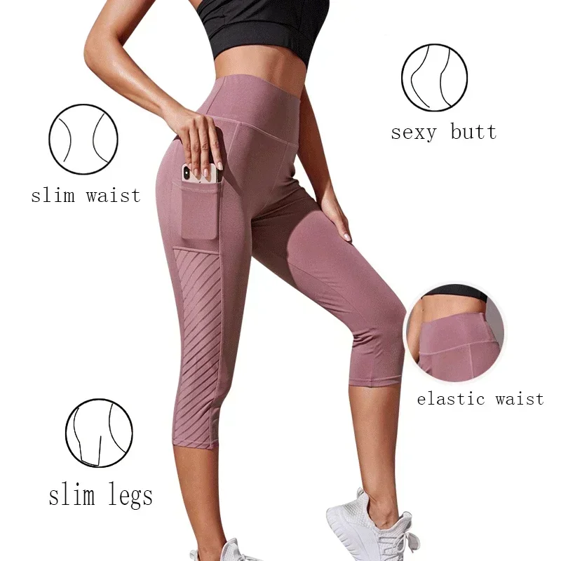 Sport Shorts cropped pants Female Fitness Nudity High Waist Hip Lift Running Yoga Side Pockets Tights Quick Dry Gym Sportswear 3