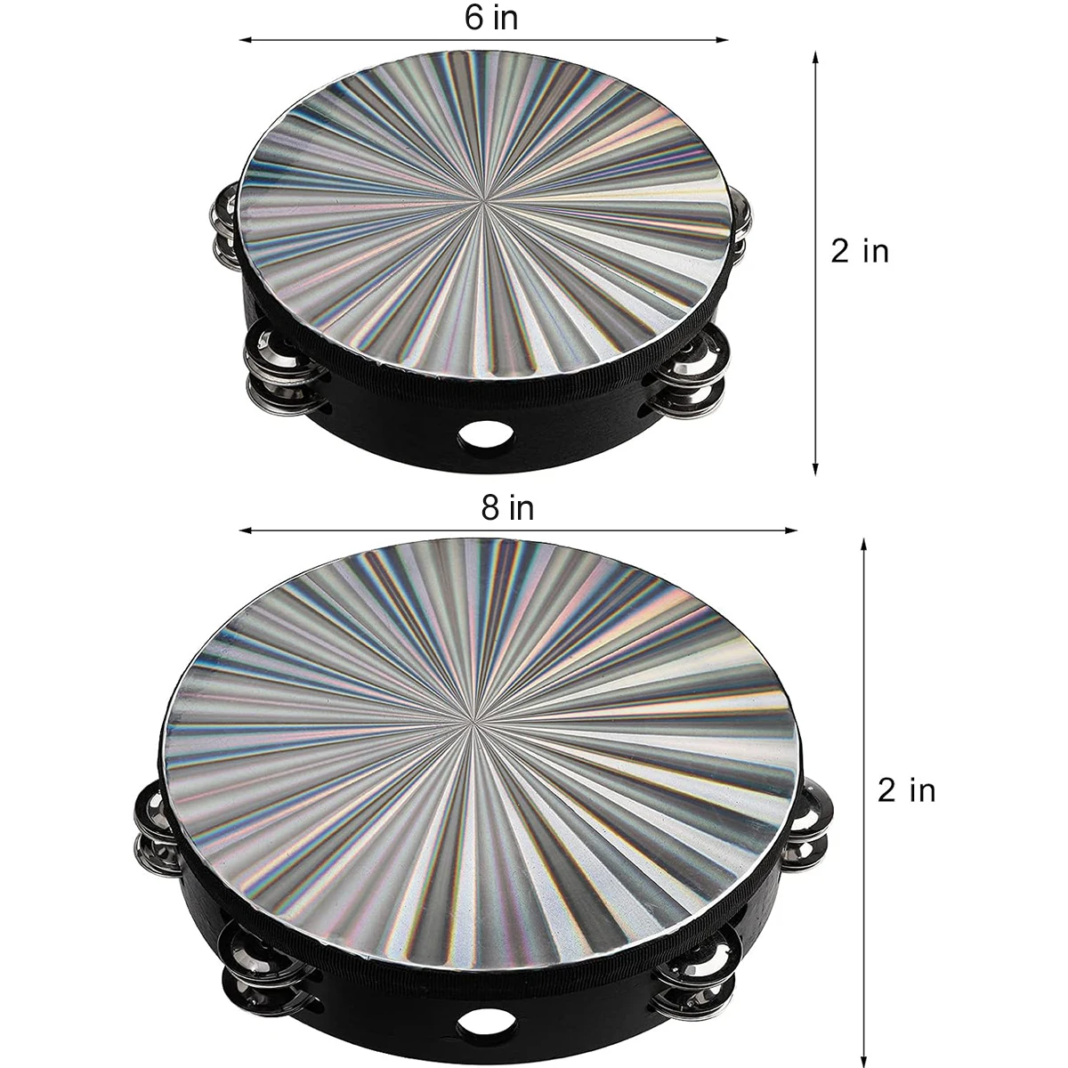 2 Pieces (8 Inch And 6 Inch)Tambourine Drum,Tambourine For Adults Double Row Metal Jingle Bells Tambourines Musical Percussion I