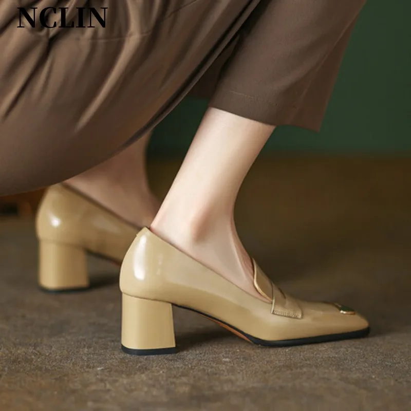 

Spring Women Pumps Genuine Leather Women Shoes Casual Square Toe Loafers Chunky Heel Slip-On Shoes For Women Zapatos De Mujer