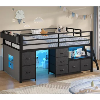 Twin Size Metal Kids Loft Bed with 7 Storage Drawers, Bookcase, LED Lights, and 14 Inch Safety Rail 1