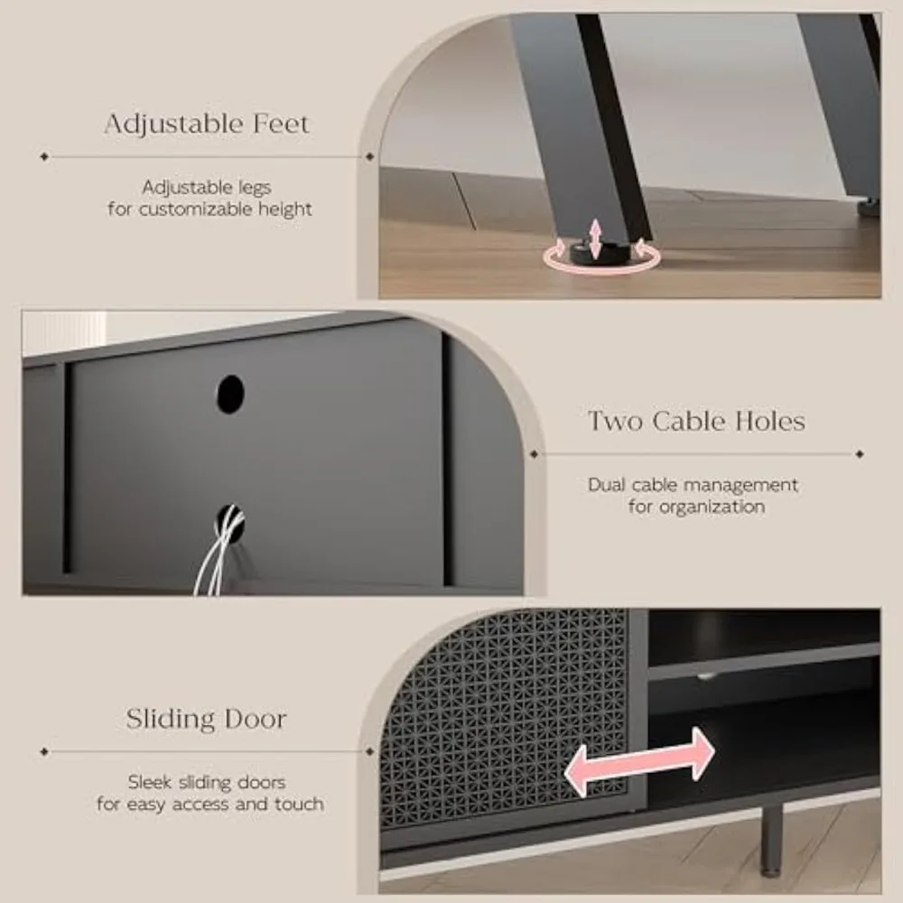 Black TV Stand for 65 70 Inch TV, Modern Iron Rattan TV Console with Sliding Door, Entertainment Center with Storage 5