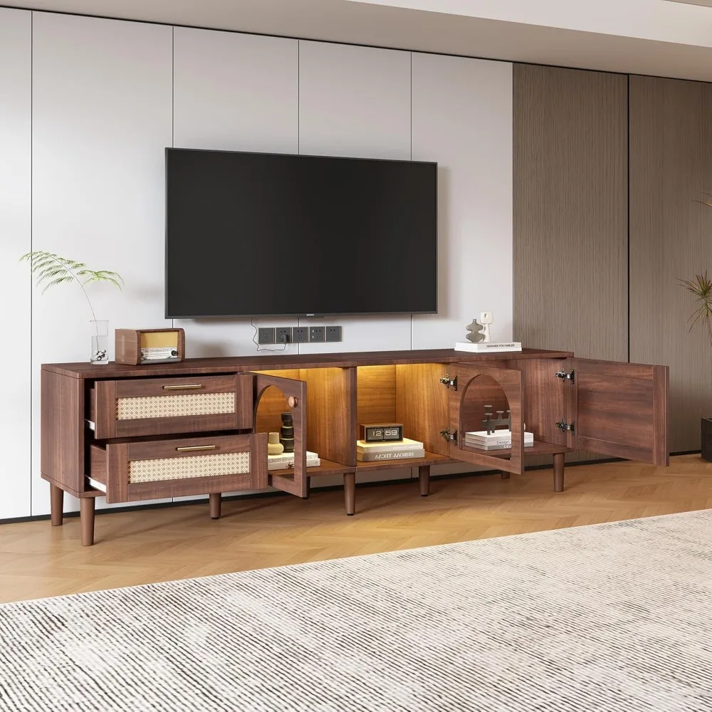 70" TV Stand with LED Lights, 3 Cabinets & 2 Drawers, Solid Wood Feet, TVs Up To 80", Living Room Rattan TV Stand 3