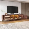 70" TV Stand with LED Lights, 3 Cabinets & 2 Drawers, Solid Wood Feet, TVs Up To 80", Living Room Rattan TV Stand 3