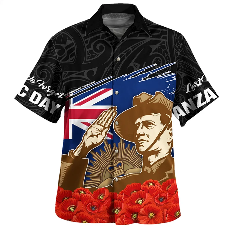 

Summer Harajuku 3D New Zealand Maori Silver Fern Rugby Flag Print Shirts NZ LEST WE FORGET Graphic Short Shirts Fashion Clothing