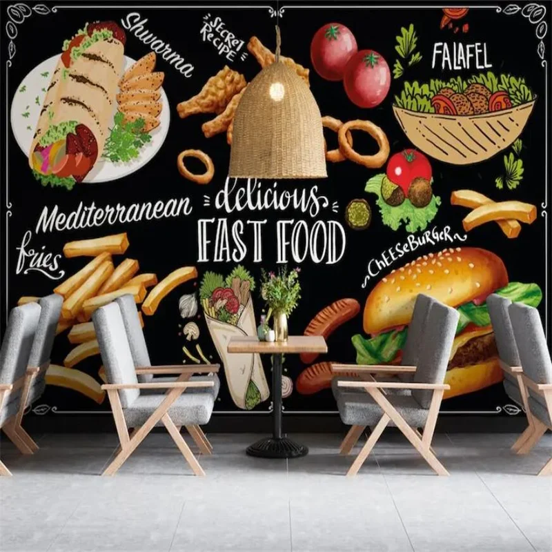 

Custom Pizza Hamburger Blackboard Mural Wallpaper 3D Western Fast Food Restaurant Snack Bar Background Wall Paper 3D